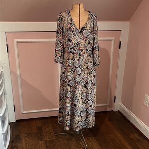 Tacera Multicolor Paisley 3/4 Sleeve Knit Dress, Loose Fit Midi in Medium